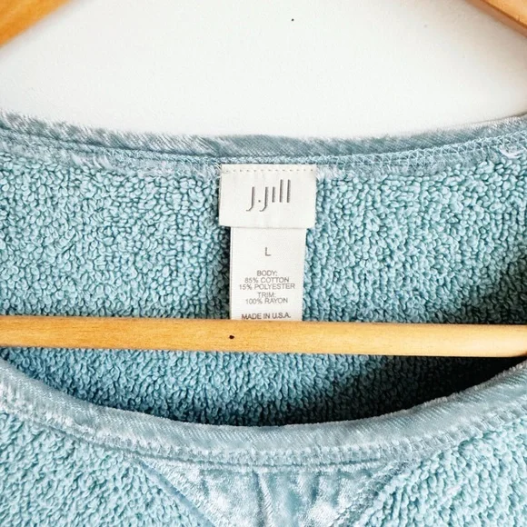 J. JILL Robin’s Egg Terry Cloth Velvet Trim Sweater Large - Picture 5 of 6